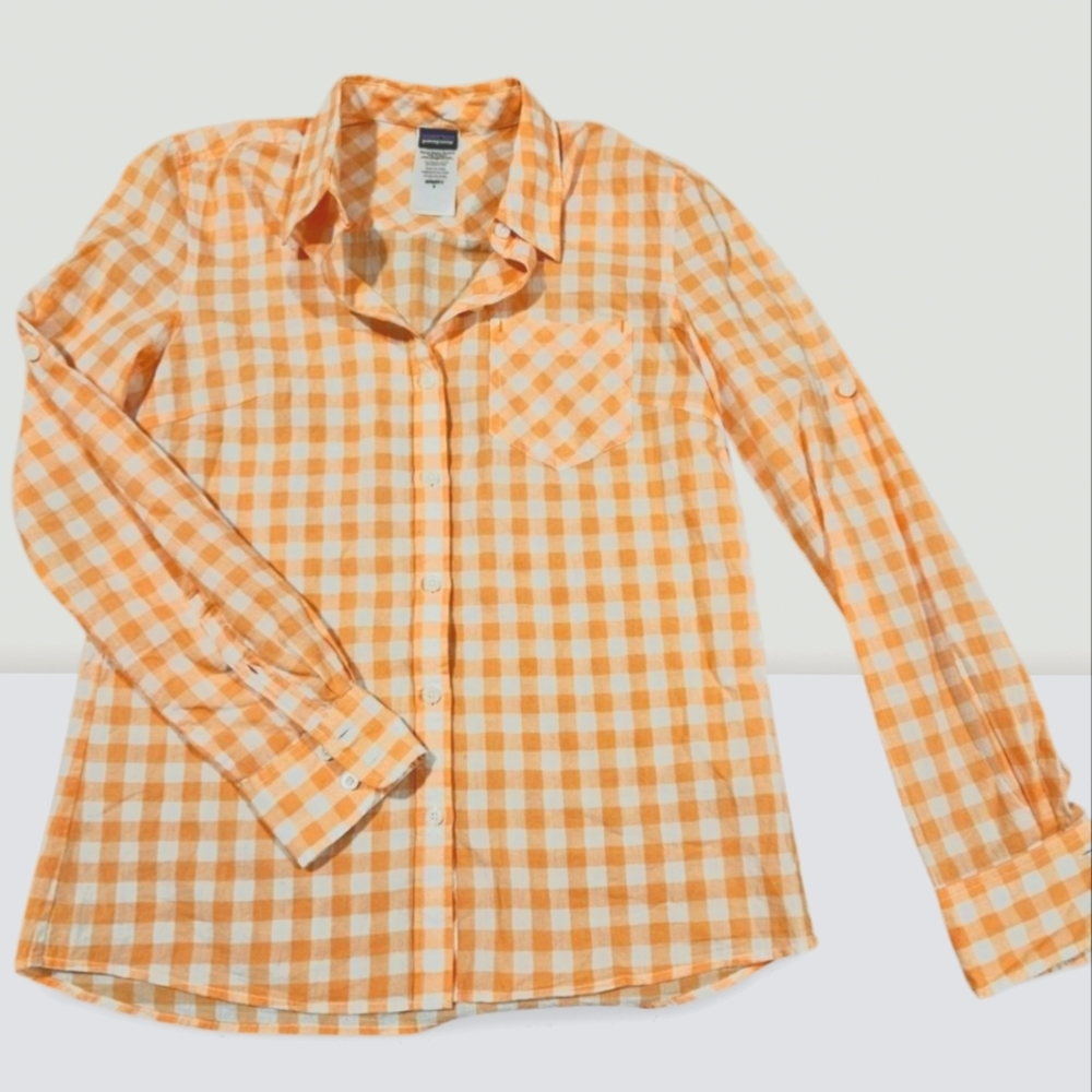 Patagonia Women Table Cloth Orange White Plaid Button Up Collared Shirt Size 4